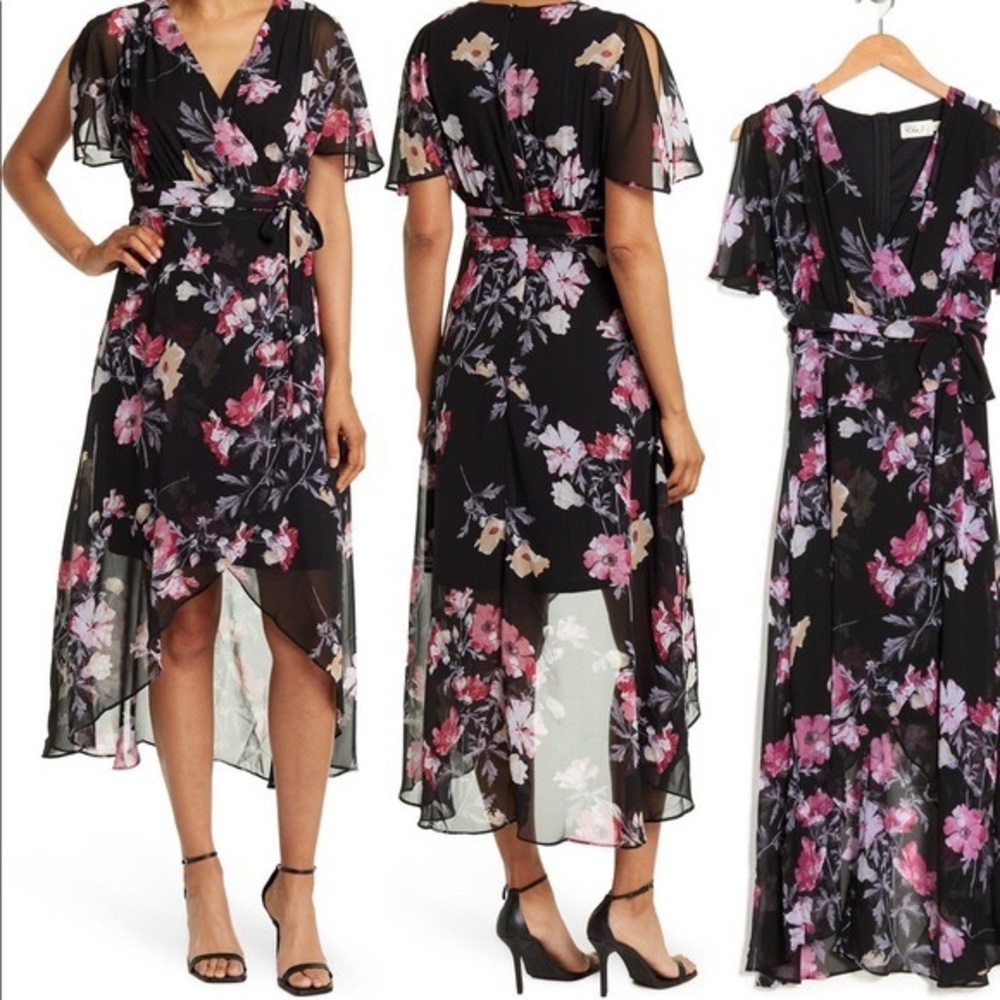 Eliza J High/Low Floral Print Dress, Size 8 - Black NWT
